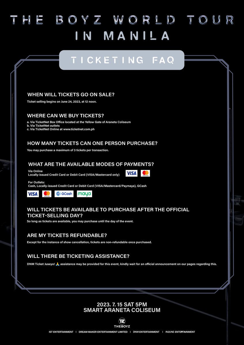 dnmentph's tweet photo. Ready, The Bs?🧬We're getting closer to seeing The Boyz!
Check our ticket FAQ/guidelines for a smooth ticketing experience👇

🔜Official Ticketing Day 06.24.2023 | 12:00NN
📆07.15.2023 | 5PM
📍Smart Araneta Coliseum

#THEBOYZ #더보이즈 #ZENERATION #ZENERATION_MNL https://t.co/TkH8V1YklZ