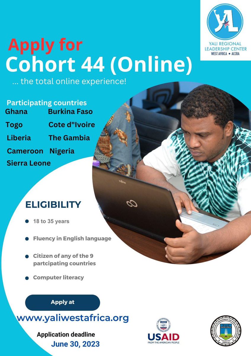 YaliRLCAlumnisl's tweet photo. Have you applied for Cohort 44 (Online) yet?  
Start your #YALI #Leadership journey today by applying at
https://t.co/xj6ozWFgoC 

Application deadline is June 30, 2023

#YALIRLCWA  #YALITransformation  #Cohort44 https://t.co/EtDelVyg3c