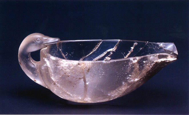 Rock crystal duck-shaped vase. Culture: Mycenaean or Minoan craftsmanship. Found in Grave Circle B, Mycenae. Date: c. 16th cent BC. Collection: National Archaeological Museum Athens.