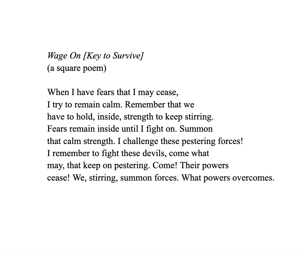PrimeArepo's tweet photo. An 8x8 square poem, inspired by the @musicman_nkosi-led, June 20, Zoom conference on #constrainedpoetry hosted by @KinnesonLalor. https://t.co/kkLOjA3FsA