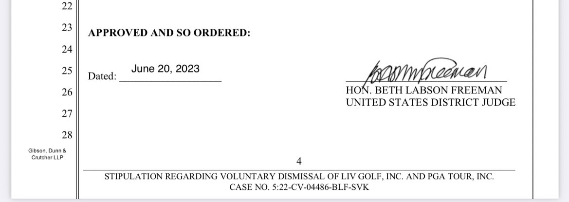 NEW: with one signature, Judge Beth Freeman has approved the PGA Tour and LIV’s Joint Notice of Dismissal and ended all litigation between the parties, both now and in the future.