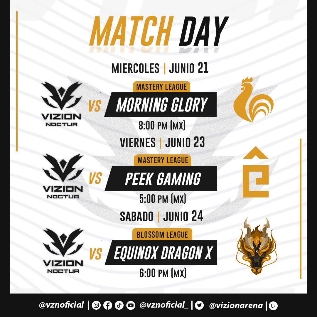 VZNOficial_'s tweet photo. ¡Con ustedes el horario de la semana!📆
¡Seguimos con más partidas dentro de la Mastery League!🏆 ¡Y también estaremos volviendo a la Blossom League con ganas de ir por las corona de su quinta edición!🔥👀
#VZNWIN #GOVZN #GOVizion #VizionWIN #Torneo #LeagueOfLegends https://t.co/3Ii0u5iaBp
