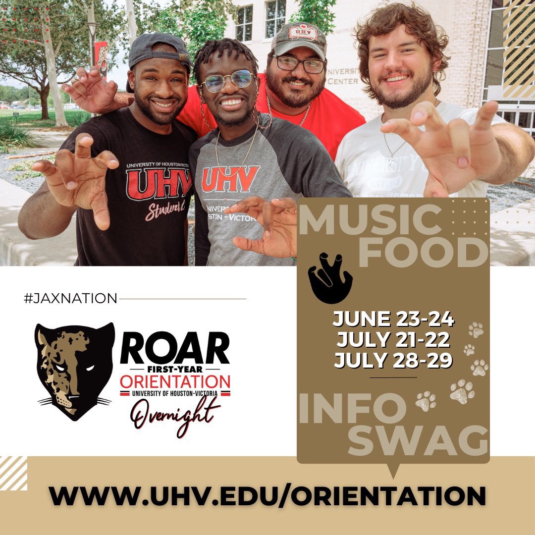 UHVorientation's tweet photo. Are you an incoming first-year student starting at #UHV this fall? If so, join us this summer at one of our ROAR First-Year Orientation, Overnight sessions happening on June 23-24, July 21-22, and July 28-29. FMI, visit https://t.co/PdKsAM0LYi. #JAXNATION #UHVJagFam 🐆 https://t.co/qP02sdANwm