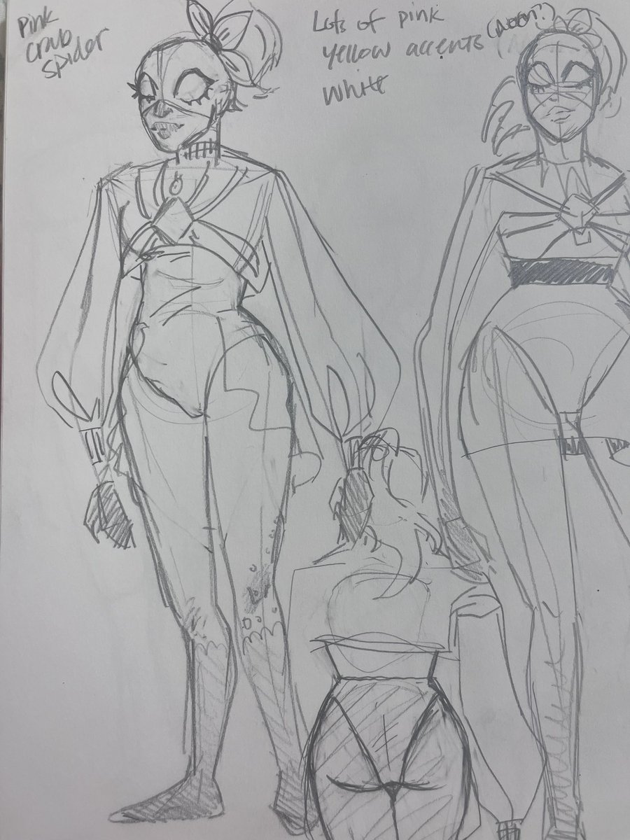 Obscured_Trash's tweet photo. Hello fellow artists on twitter, 

I’m working on making a spidersona and I could really use some input in the design aspect of my character. Her name is Gia Keen and she’s based off the pink crab spider. 

Thanks for any and all input! 
#spidersona #spidersonaart #Spiderman https://t.co/Q1tWoadQFh