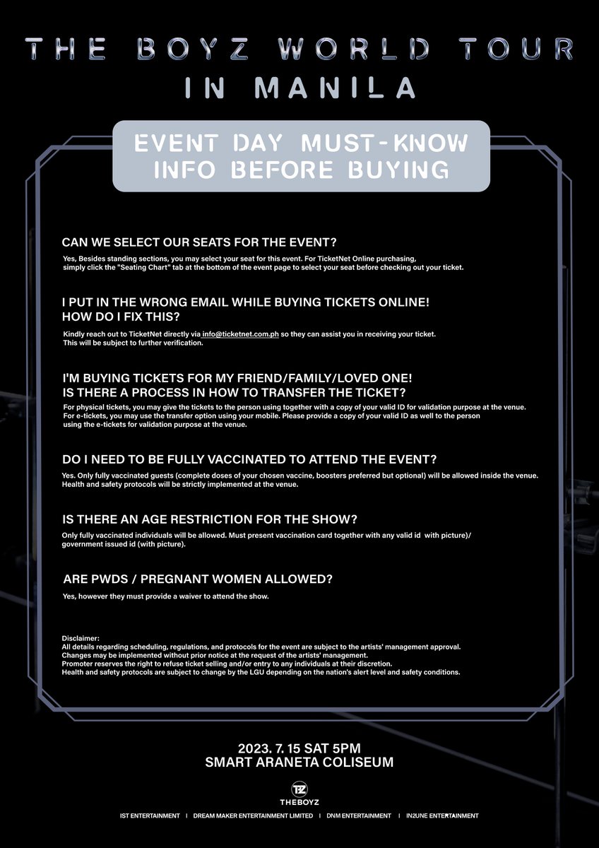 dnmentph's tweet photo. Ready, The Bs?🧬We're getting closer to seeing The Boyz!
Check our ticket FAQ/guidelines for a smooth ticketing experience👇

🔜Official Ticketing Day 06.24.2023 | 12:00NN
📆07.15.2023 | 5PM
📍Smart Araneta Coliseum

#THEBOYZ #더보이즈 #ZENERATION #ZENERATION_MNL https://t.co/TkH8V1YklZ