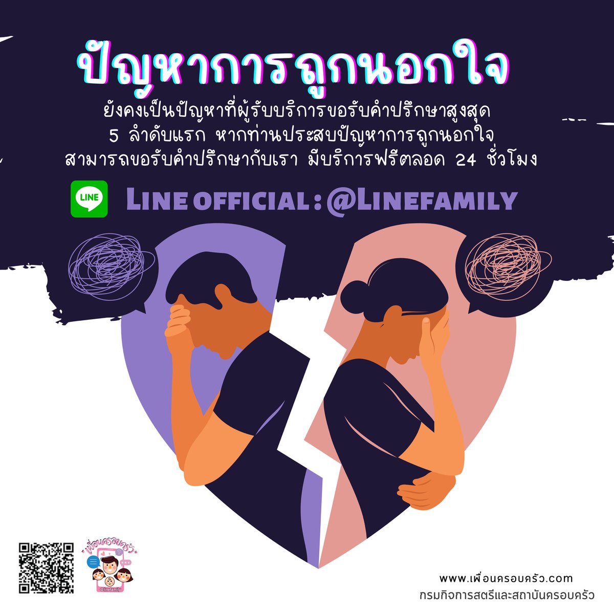 FamilyLine_DWF's tweet photo. หากท่านประสบปัญหาการถูกนอกใจ เรามีบริการดีๆ โดยท่านสามารถขอรับคำปรึกษาผู้เชี่ยวชาญระบบเพื่อนครอบครัว : Family Line ได้ฟรี ตลอด 24 ชั่วโมง #นอกใจ #หย่า #หย่าร้าง #ปัญหาครอบครัว #Familyline #เพื่อนครอบครัว #เพื่อนครอบครัว_Familyline #สค #กรมกิจการสตรีและสถาบันครอบครัว https://t.co/kFJfSSOWIm