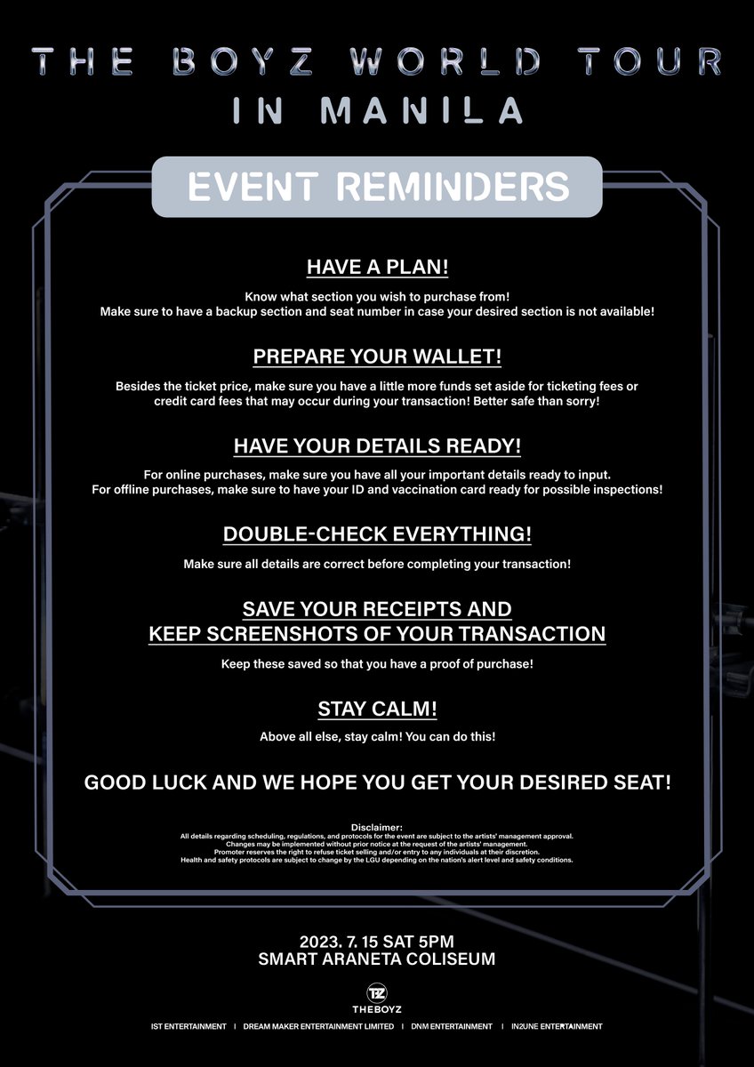 dnmentph's tweet photo. Ready, The Bs?🧬We're getting closer to seeing The Boyz!
Check our ticket FAQ/guidelines for a smooth ticketing experience👇

🔜Official Ticketing Day 06.24.2023 | 12:00NN
📆07.15.2023 | 5PM
📍Smart Araneta Coliseum

#THEBOYZ #더보이즈 #ZENERATION #ZENERATION_MNL https://t.co/TkH8V1YklZ