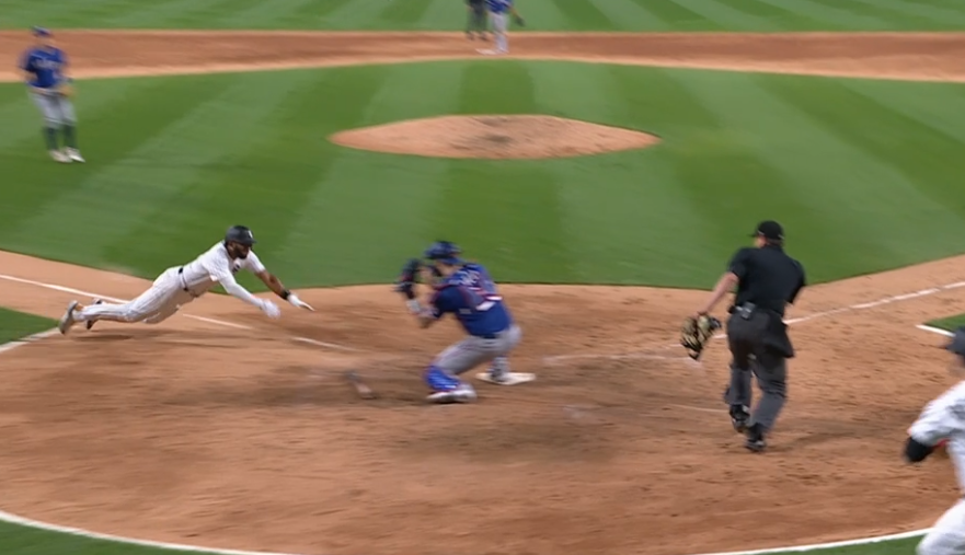 Tylerjoelb's tweet image. Review just ruled this is blocking the plate, giving CWS a go-ahead run in the 8th inning. 

MLB umpiring is just out of control