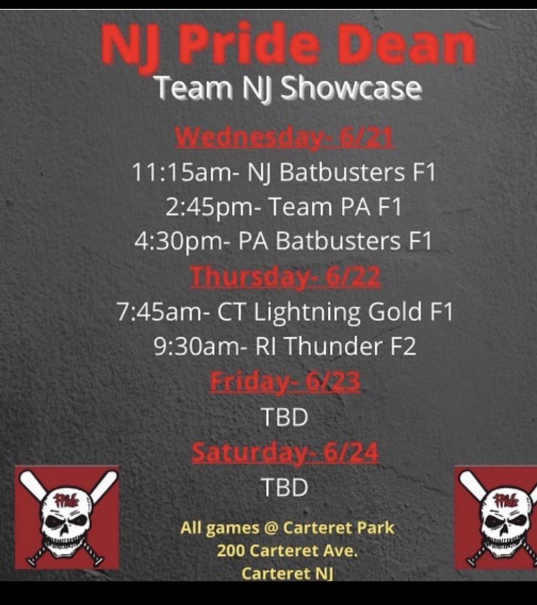 Ready for Team NJ Showcase. NJ Pride Dean Futures 14u. Here’s our schedule. @NJPrideGold @NJPRIDE14U @Philip_Alagia @gritnj @Diamond_Elite8 @TeamNJSoftball @ALLNJSoftball @Los_Stuff @SBRRetweets @TopPreps