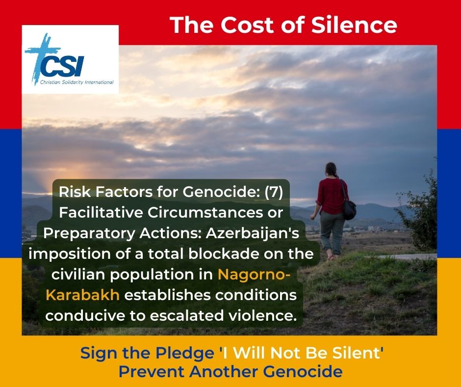 Risk Factors for Genocide: (7) Facilitative Circumstances or Preparatory Actions: Azerbaijan's imposition of a total blockade on the civilian population in Nagorno-Karabakh establishes conditions conducive to escalated violence. Sign the pledge: linktr.ee/csi_humanrights