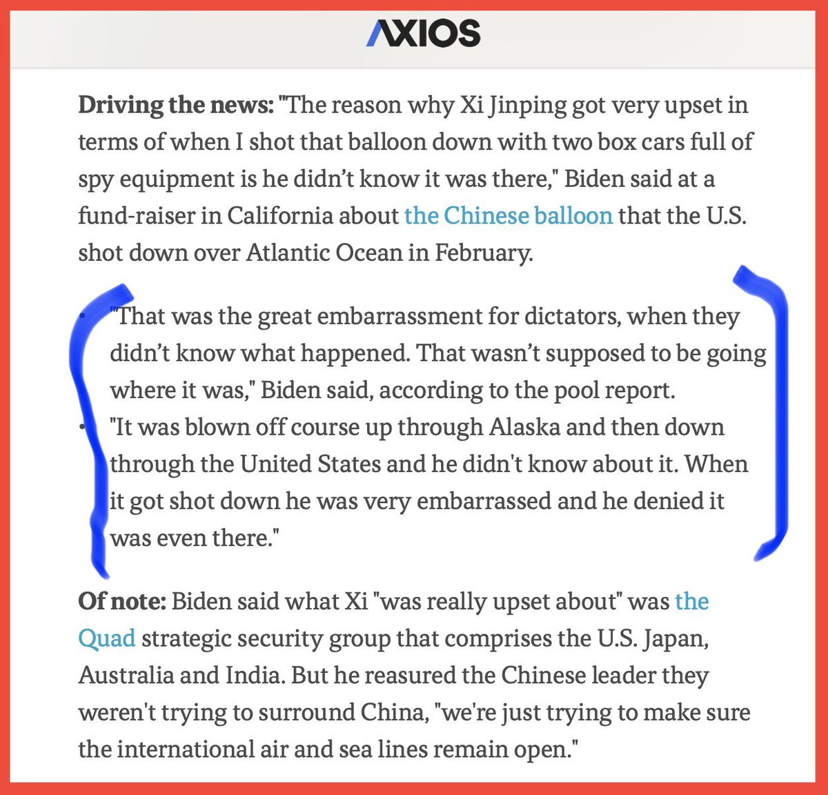 Let’s assume Biden is being honest here about the China balloon saga.

His words come from classified intel — HUMINT and/or SIGINT.

He’s sharing it w/ uncleared people at a fundraiser.

How will the press react? Will fmr intel officers on CNN scream about sources & methods? 🤔