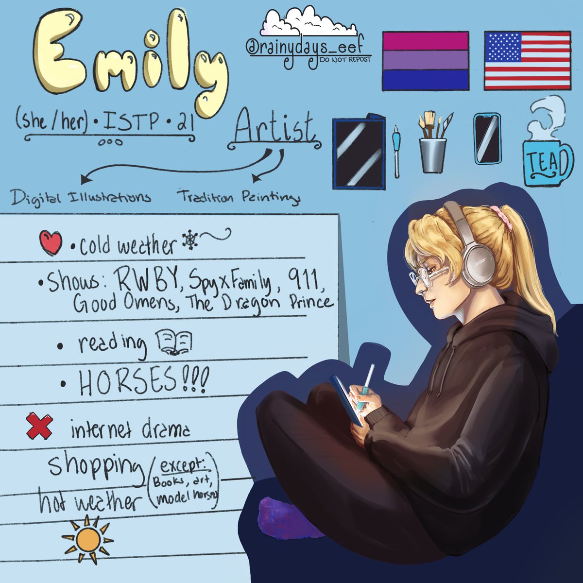 Hello!! Here’s a little meet the artist thing I finished a day ago!!

#ArtistOnTwitter #art