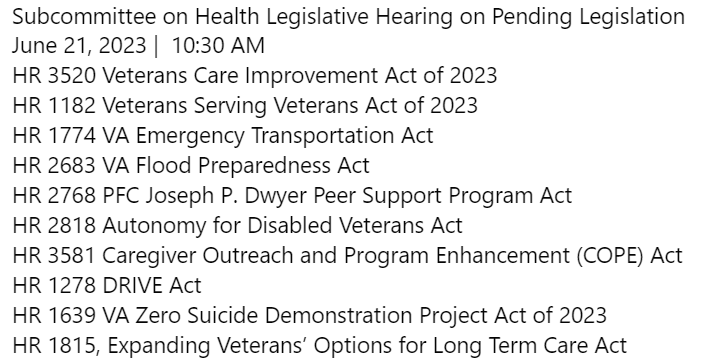 Hearing on Pending Legislation
6/21/2023 10:30 AM
#VeteranCaregiver  #VeteranSuicide  #DisabledVeteran
#PeerSupport  #VeteraEmergencyTransport  #VetLongTermCare   #VetsStandDOWN

Watch it: veterans.house.gov/calendar/event…