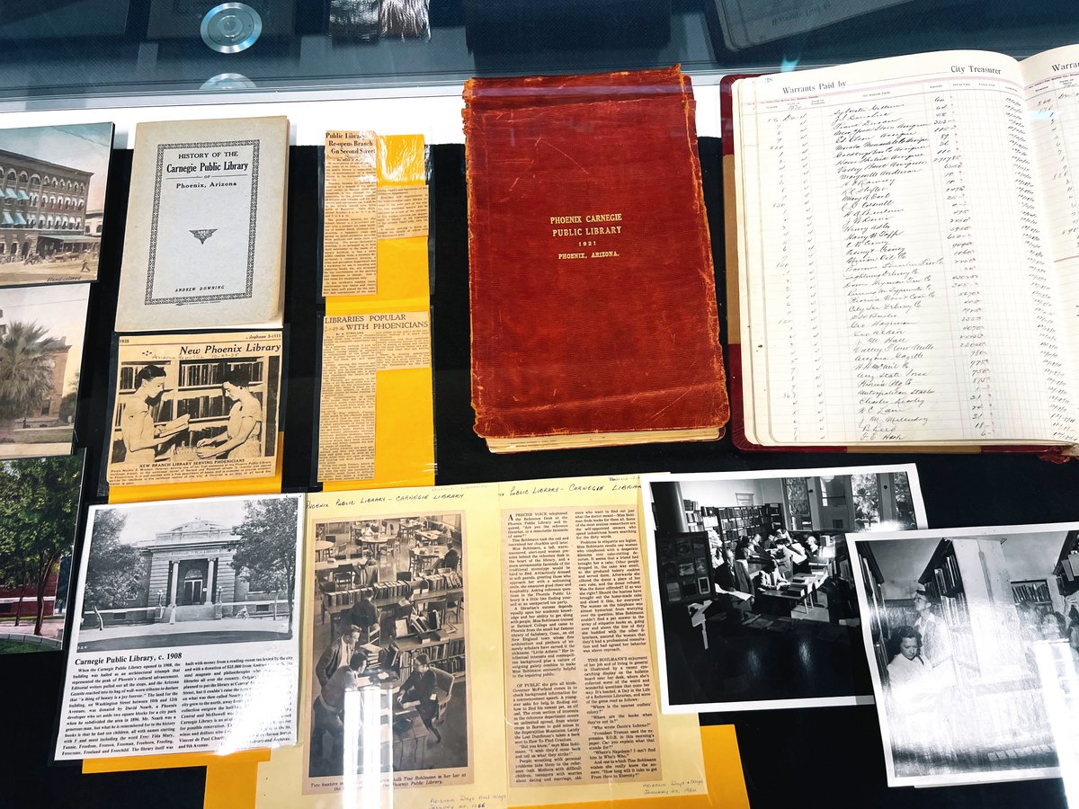 PhxLibrary's tweet photo. The #ArizonaRoom is showcasing 125 years of @PhxLibrary! ⭐ Display cases feature the Carnegie Library, Phoenix Central Library & branches along w/more mementos. Stroll through the 2nd floor of #BurtonBarr & view library history throughout the years. https://t.co/e5fyS4SkSl https://t.co/d0OYHDzYgu