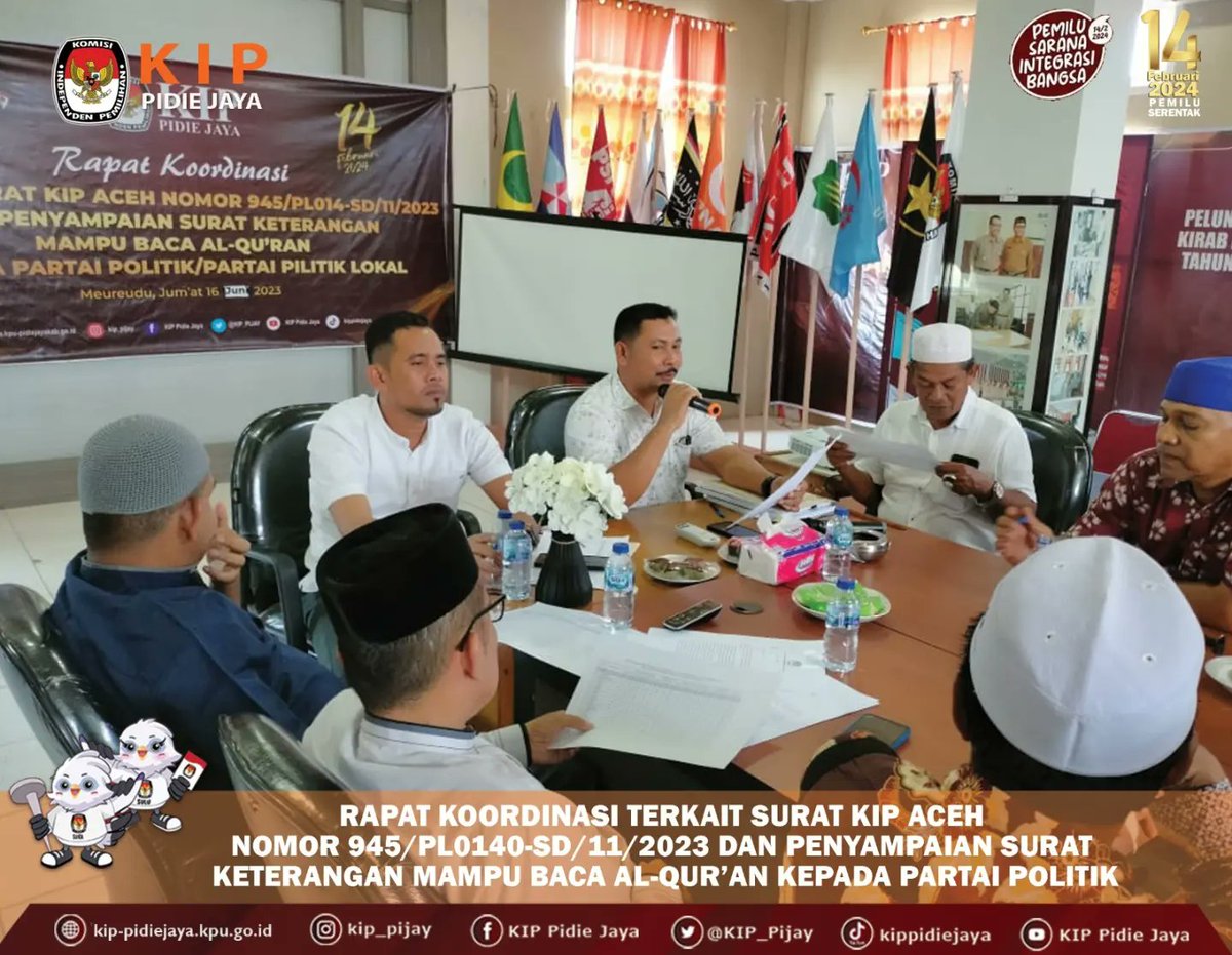 KIP_Pijay's tweet photo. #temanpemilih
KIP Pidie Jaya Menggelar Rapat Koordinasi dengan Partai Politik/Partai Lokal Terkait Surat KIP Aceh Nomor 945/PLO140-SD/11/2023 dan Penyampaian Surat Keterangan Mampu Baca Al-Qur'an kepada Partai Politik di Kantor KIP Pidie Jaya, Jum'at, (16/6/2023).
#kippidiejaya https://t.co/Mm5W4moxFN