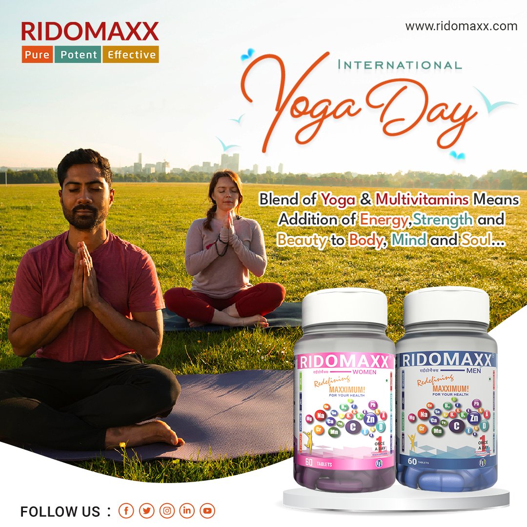 Ignite your spirit this #InternationalYogaDay with #RidomaxxMultivitamins. Embrace the power of #yoga and optimize your well-being from the inside out.
#yogainspiration #NurtureYourself #WellnessJourney #Womenmultivitamins #Menmultivitamins #RidomaxxOrthoOil