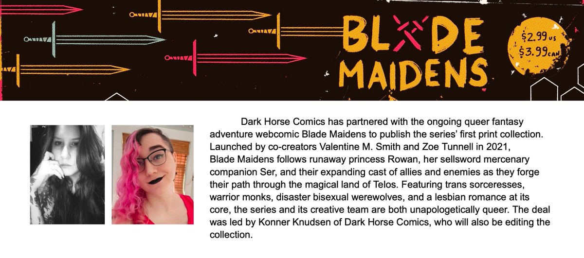 blademaidens's tweet photo. We are very happy to announce:

Blade Maidens will be getting a print collection from @DarkHorseComics!!

We are thrilled to partner with Dark Horse for the collection, containing our first 6 issues and a selection of shorts, packaging together the first arc of our series. https://t.co/9owTamQkBI
