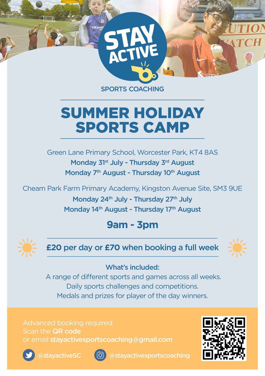 ☀️ Summer Holidays 2023 ☀️ 

Bookings are now open for our summer holiday camp - registration link: forms.gle/ovKtySTkZ1y7Nb…

We will be running our camp across two venues @cheamparkfarm and @glpns - come and join the Stay Active team this Summer!  ⚽️  🏃‍♂️ 🏀 🏏