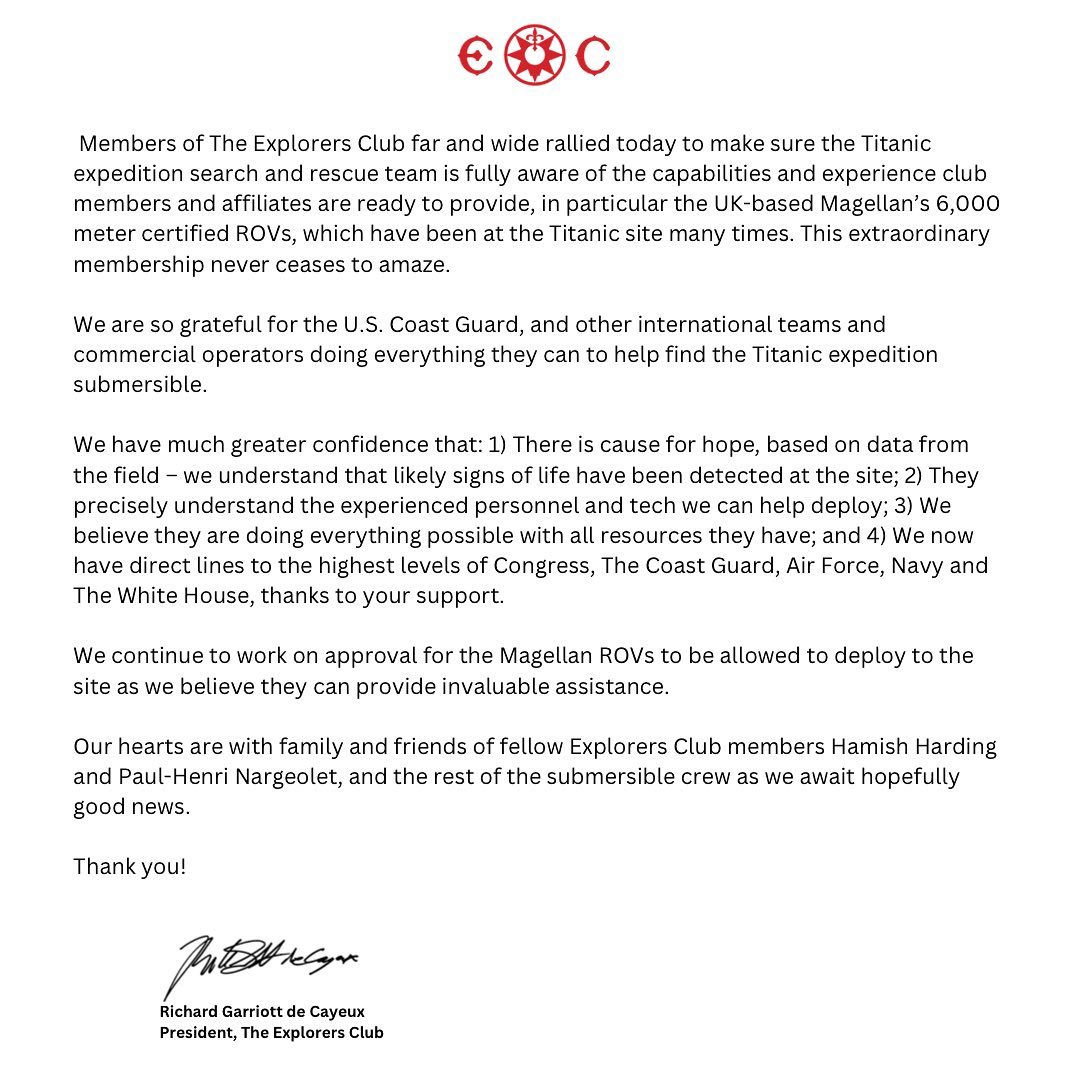 jess_mcbride's tweet image. Richard Garriott de Cayeux, president of Explorers Club, just released this statement saying "LIKELY SIGNS OF LIFE" based on "data from the field" were detected at the search site for the #missingsub #Titan #OceanGate #submersible #breaking MORE DETAILS--&amp;gt;heavy.com/news/missing-t…