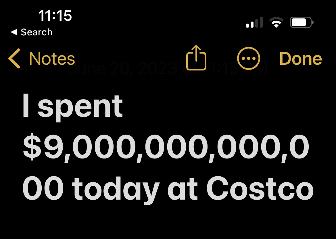 jayblackisfunny's tweet photo. I, too, went to Costco today and bought only mashed potatoes and gummy vitamins and wound up spending NINE TRILLION DOLLARS.

To prove it, here’s the OFFICIAL APPLE NOTES APP, where I write down my Costco expenses.

ThAnKS jOe BiDeN!!!! https://t.co/Txy1QXeK2g