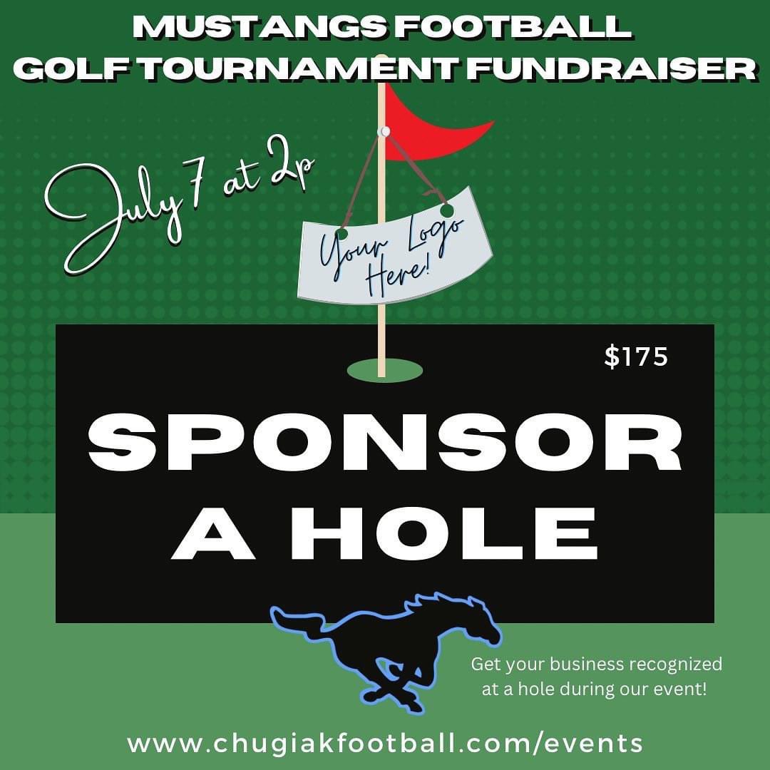 Sponsor a Hole at our tournament &amp; get your business name on a sign at a green during the event. 
$175 - Hole Sponsorship. 
chugiakfootball.com/event-details/…
#golftournament #chugiakmustangs #highschoolfootball #highschoolsports #mustangsfootball #supportlocal #footballfunds