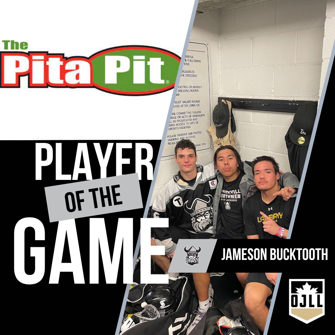 Jim came to play tonight...  <a href="/jamesonb44/">Jameson Bucktooth</a> scored 4 goals and 2 assists against Mimico earning him the <a href="/PitaPitOville/">Pita Pit Orangeville</a> Player Of The Game jacket tonight! #HornsUp #UpholdTheTradition