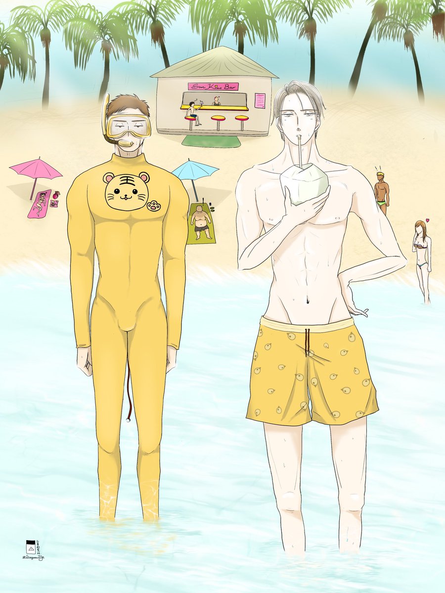 Saezuru_Trigo's tweet image. 6月21日，夏至。
Summer Solstice 🤌🏿 Why don't they go quick trip to the beach lol But I guess Doumeki should wear something's like this...🥲
Yashiro san:  Cool enough now.  No one's gonna see your body then 😏

#Yashiro #Doumeki
#Saezurutoriwahabatakanai
#TwitteringBirdsNeverFly