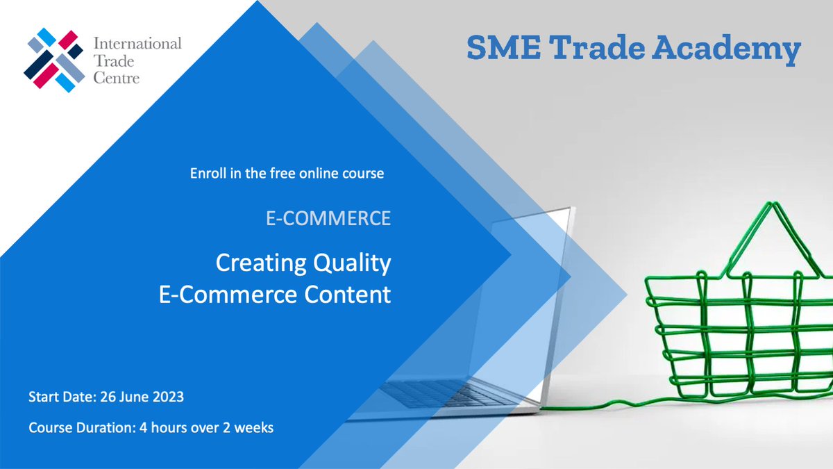 💻 ➡️ 🛒 Why does #content matter for your #ecommerce initiative? Enroll in our upcoming #elearning course to find out!

Creating Quality E-commerce Content (EN)
learning.intracen.org/course/info.ph…

Desarrollar contenido de e-commerce de calidad (ES)
learning.intracen.org/course/info.ph…