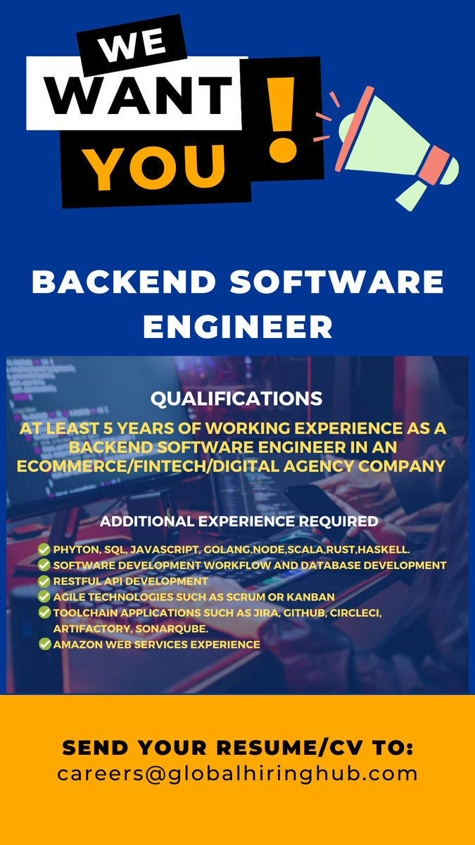 📷 We are looking for a BACKEND SOFTWARE ENGINEER to work remotely for our client.
#globalhiringhub #rposervices #hiring #remotejobs #wfhjobs #globalworkforce #remotehiring #globalhiring #localhiring #softwareengineer #backendengineer