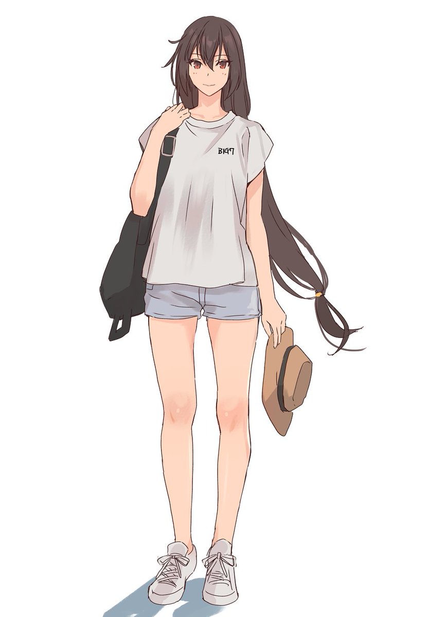 nagato (kancolle) 1girl long hair solo shorts shirt black hair alternate costume  illustration images