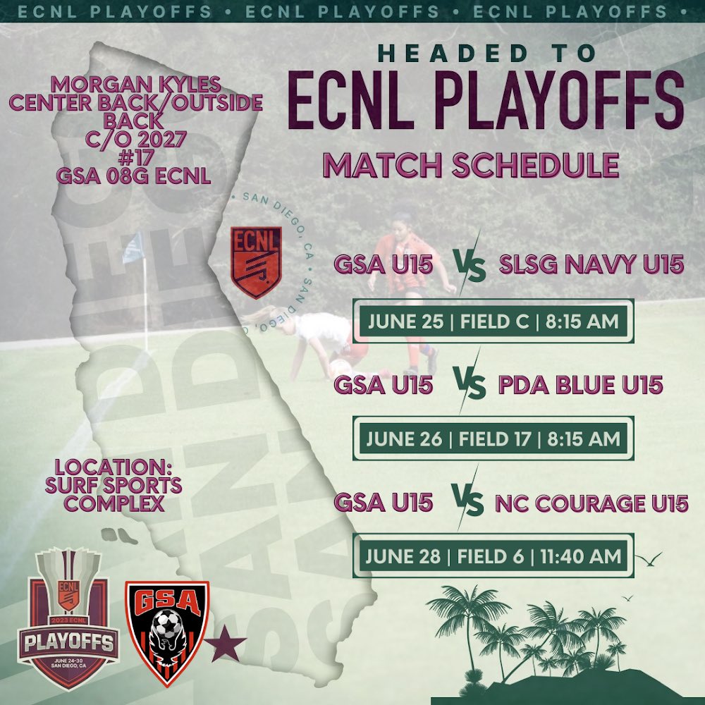 Only 5 days until we kickoff ECNL Playoffs! Me and my team have worked hard and are ready to compete. Come see us play! ⚽️🔥 #ECNLPlayoffs #GSAStrong  #ECNL #ENGvAUS