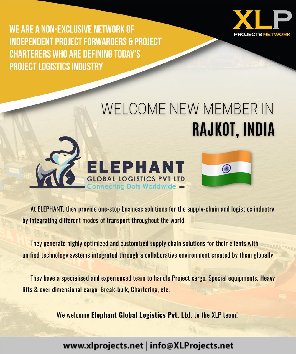 We welcome Elephant Global Logistics Pvt. Ltd. in Rajkot, India to the XLP team! 👏🌎

🔎 Read more: xlprojects.net/elephant-globa… 

#XLProjects #AINetworks #ProjectCargo #LogisticsNetwork #freightnetworks #projectforwarding #ProjectCargoNexus #elephantgloballogistics