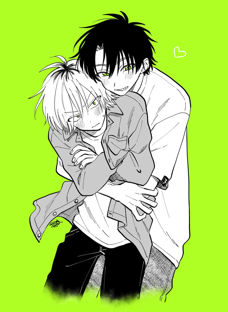 multiple boys 2boys male focus hug hug from behind green background blush  illustration images