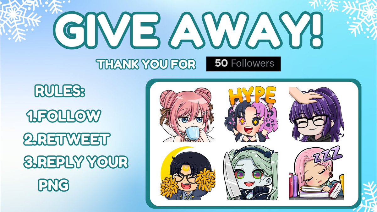 ❄️EMOTE GIVEAWAY❄️
Prize:
💙1st Winner: 1 Animated Emote and 1 Static Emote (2 designs)
💙2nd Winner: 1 Static Emote

Close on June 28th, 2023

*you can choose the emote list on the reply or any request (as long as I can do it lol)

#emotesgiveaway #vtuber #giveaway #emoteartist