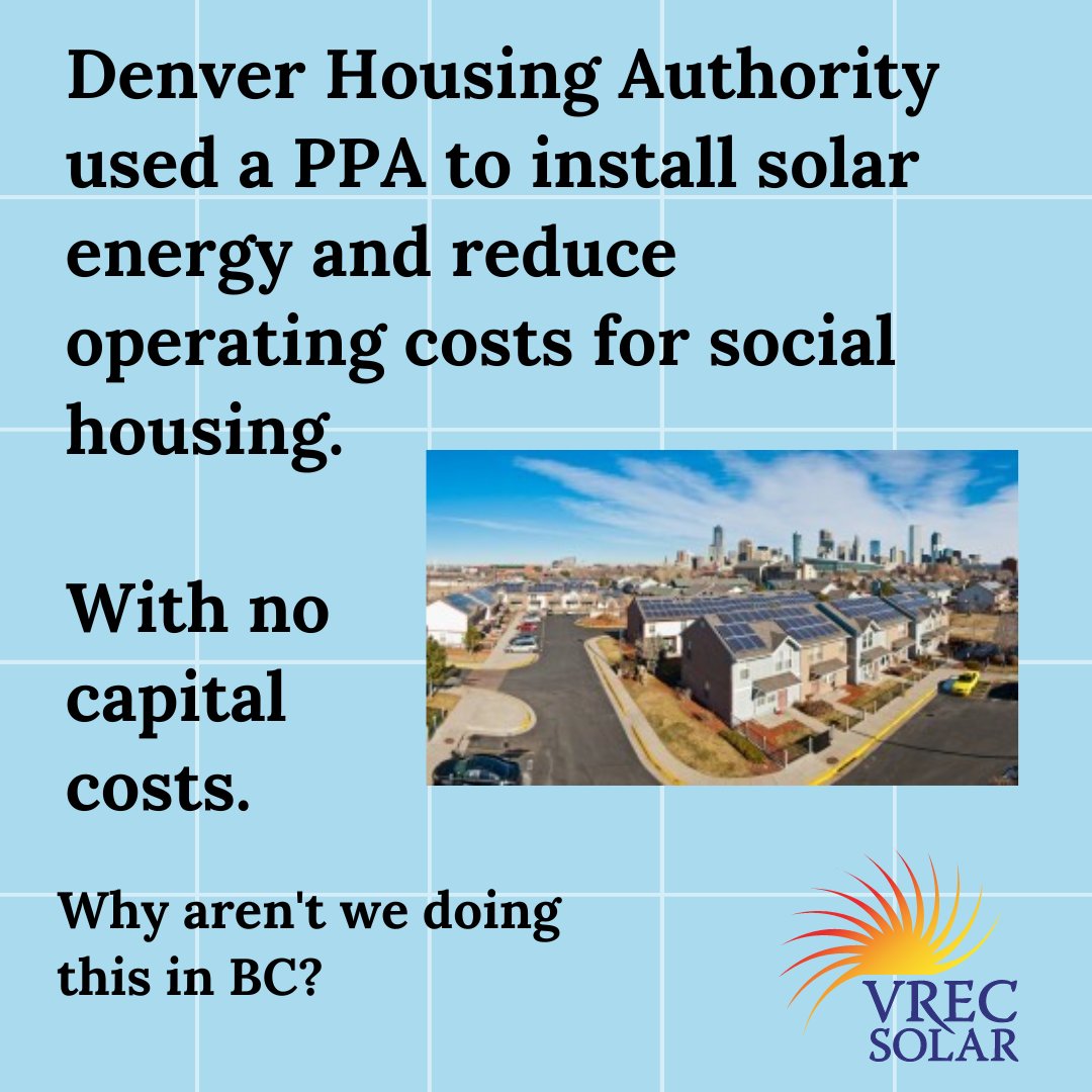 SolShareEnergy's tweet photo. Denver Housing Authority used a PPA to install solar energy and reduce operating costs for social housing.

With no capital costs.

Why aren't we doing this is in BC? https://t.co/dM4gIzfkag