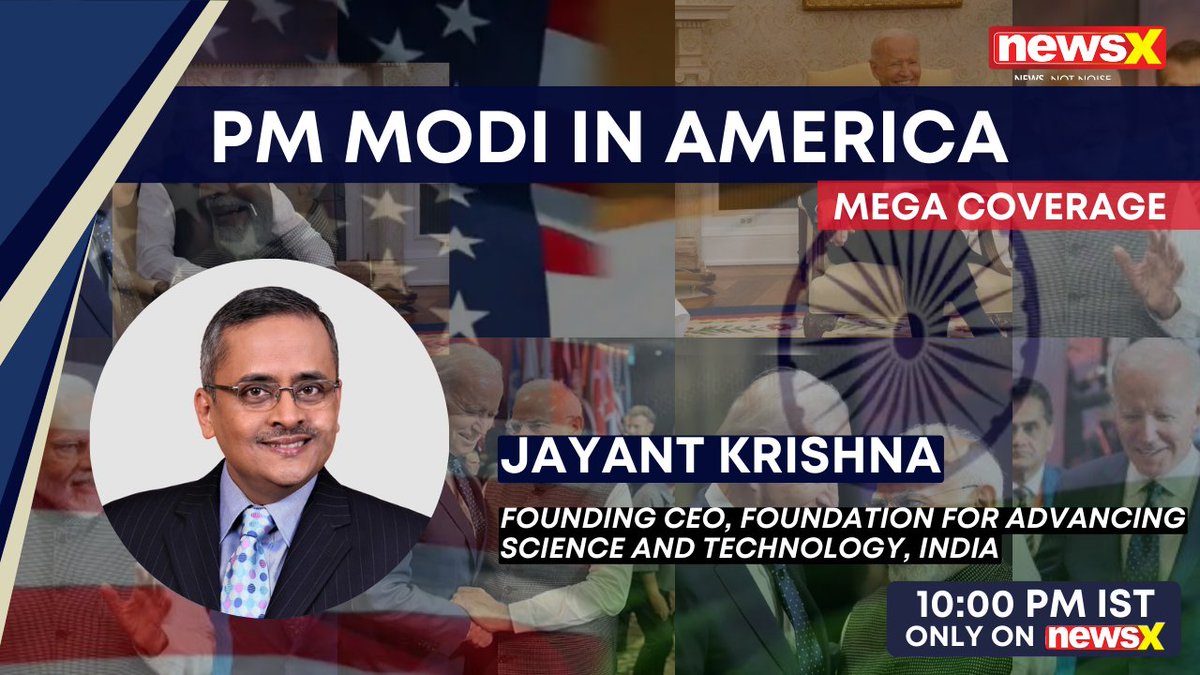 NewsX's tweet photo. #ModiInAmerica | As Prime Minister Narendra Modi embarks on his historic 3-day visit to the United States, join NewsX at 10 PM IST for a mega telecast, in conversation with Jayant Krishna, Founding CEO, Foundation for Advancing Science and Technology, India.
@JayantKrishnaIN https://t.co/0wnATynvt0
