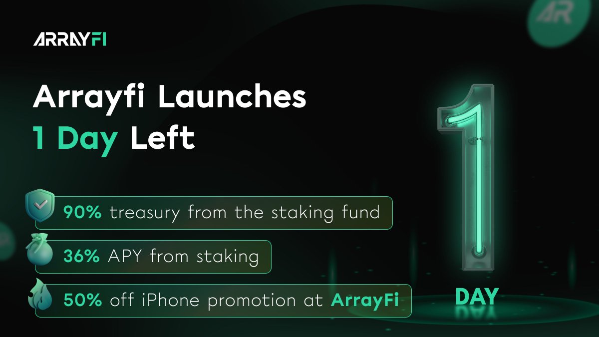 𝐁𝐑𝐄𝐀𝐊𝐈𝐍𝐆 𝐍𝐄𝐖𝐒⁉️Only 1️⃣ day left until the launch of #ArrayFi! Are you ready⁉️

💸Register in arrayfi.tech. Let's join to Earn $ARA & $USDR

🤑Stake your funds and earn a whopping 36% #APY! 
Plus, 90% treasury from the staking fund. Don't miss out on our…
