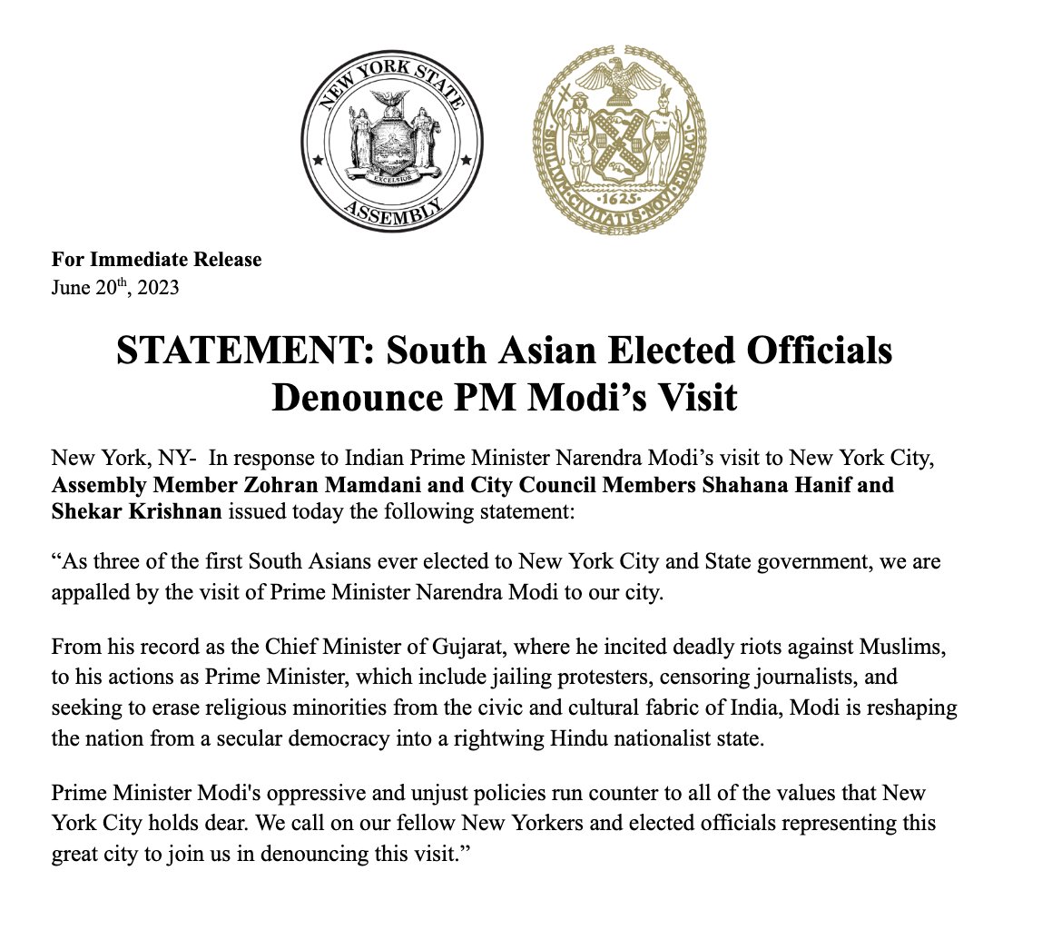 As three of the first South Asians ever elected to New York City and State government, @voteshekar, @ShahanaFromBK and I are appalled by the visit of Prime Minister Narendra Modi to our city. Our statement: