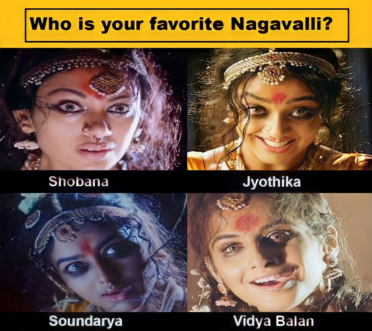 Who is your favourite Nagavalli?
Who SCARES you more 😱😱?

#shobana #jyothika
#soundarya #vidyabalan

#Chandramukhi2