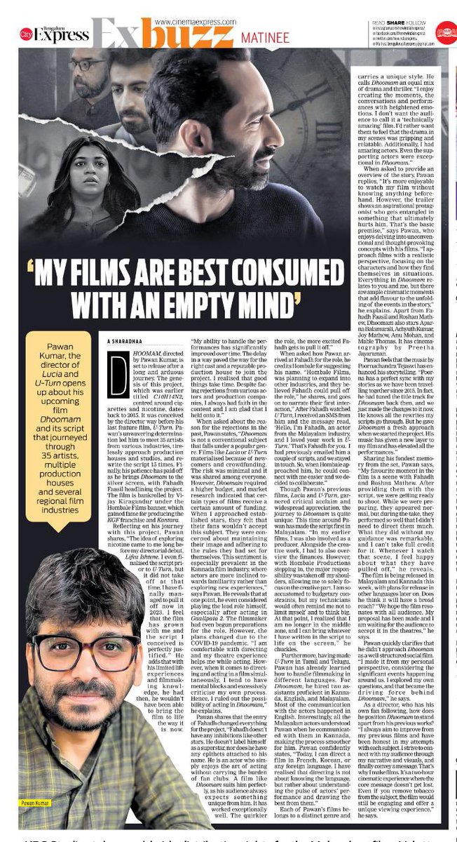 Our Director @pawanfilms shares some exciting things about #Dhoomam with @IndianExpress. Releasing in Cinemas From June 23rd 🔥 #FahadhFaasil #VijayKiragandur @Aparnabala2 @hombalefilms @PrithvirajProd @HombaleGroup @ChaluveG @Poornac38242912 #PreethaJayaraman @AneesNadodi…