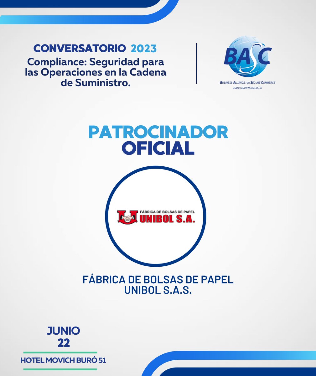 bascbquilla's tweet photo. Estamos felices de anunciar que #Unibol hará parte del grupo de patrocinadores de nuestro evento. Entre todos hacemos posible el crecimiento y competitividad en el Atlántico.
Inscríbete: https://t.co/691sfxvYol……
#ConversatorioComplianceySeguridadBASC #SomosBASC 🌎 https://t.co/dWiahbgDaT