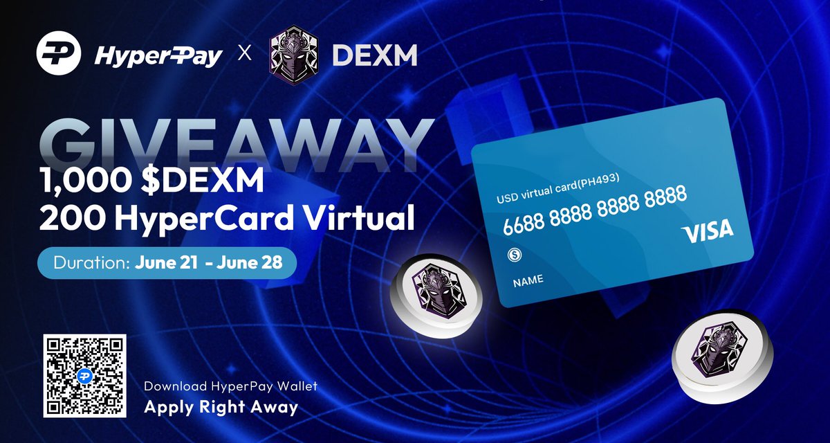 📢Join the exciting #HyperPay &amp; @DeusExLabs #Giveaway through <a href="/TaskOnCampaigns/">TaskOn Campaigns🤳</a> 🎉🚀🔥

🎁1,000 $DEXM to 2 winners from @DeusExLabs 
💳200 #HyperCard Virtual from @Hyperpay_tech

Click to participate: taskon.xyz/campaign/detai…

⏲️ 7 DAYS
#CRYPTOCARDS #Airdrop #Giveaways #TaskOn