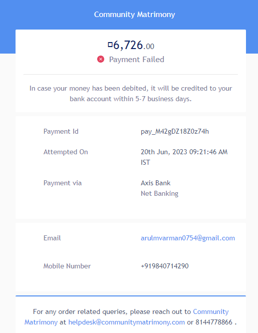 @Razorpay @TamilMatrimony @AxisBankSupport 
Again payment transaction failed on 20thJun2023 and none care to determine why it failed & all these 3 entities enjoy funds free of cost-unethical