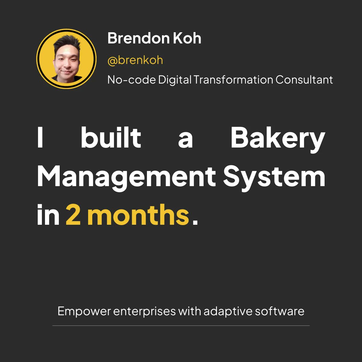 Brenkoh's tweet photo. I built a bakery management system in 2 months.
I had the privilege of building a bakery management system in 2 months.
View the case study here: [https://t.co/ky2ieYg7Th)
#hyperfam #supplychain #production #digitaltransformation #lowcode #nocode #softwaredevelopment https://t.co/PB86jSexmi