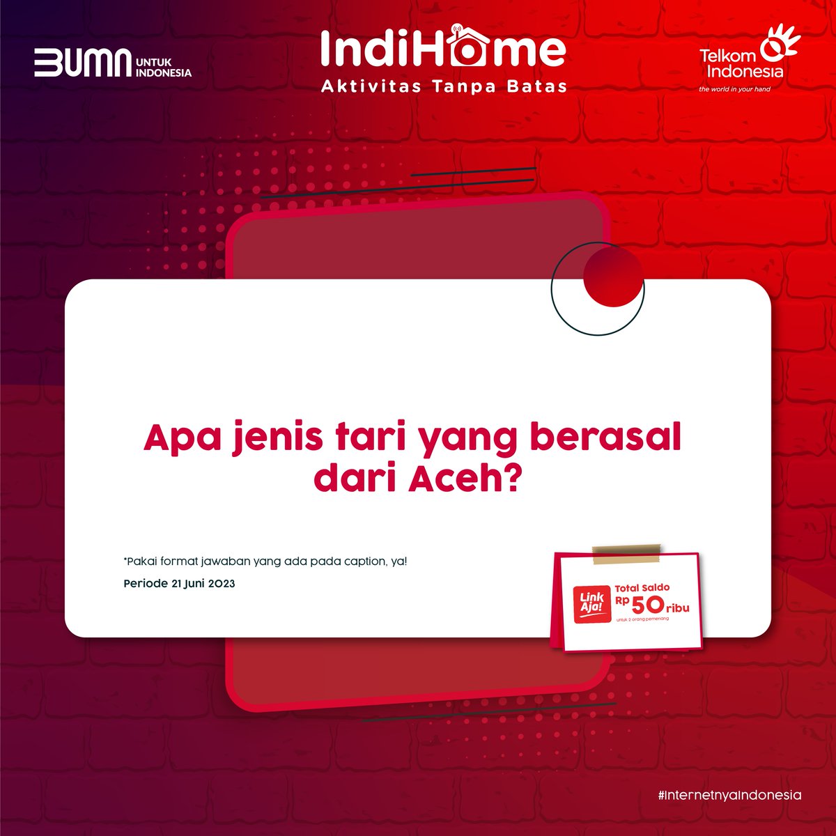 IndiHomeCare's tweet photo. Halo, Sobat!👋🏻

Yuk, ikutan kuis dan tulis jawabanmu sebanyak-banyaknya biar jadi pemenang dan raih hadiah saldo LinkAja senilai Rp50.000 masing-masing untuk 2 Sobat beruntung

Follow @IndiHomeCare dan pakai tagar #KuisIndiHomeCare saat menjawab, ya! https://t.co/n4Xiv8Xjcu