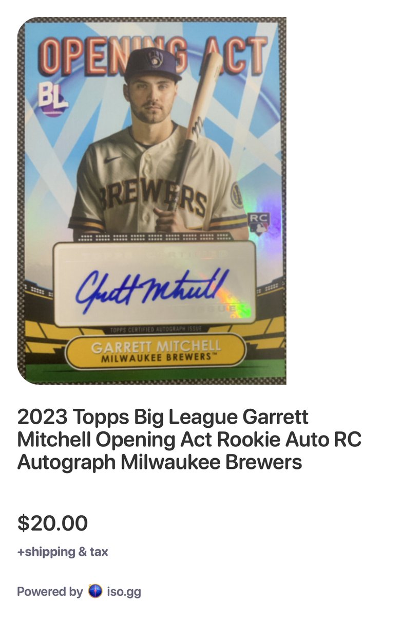 2023 Topps Big League Garrett Mitchell Opening Act Rookie Auto RC Autograph Milwaukee Brewers #iso 9452: Follow and reply with #iso to claim and purchase!

#thehobby #thehobbyfamily #cardconnection #whodoyoucollect 

@sports_sell @ILOVECOLLECTIN1 @Hobby_Connect @HobbyConnector…