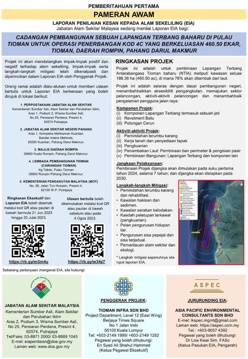 EIA for Tioman airport has been submitted. 30 day public display. Includes 141.6ha of reclamation, moving corals, and quarrying. #marinepark #sustainabledevelopment #reclamation