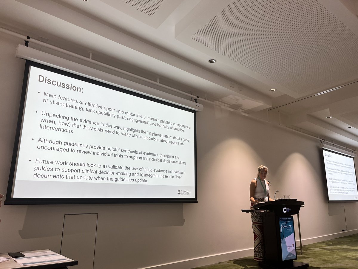 <a href="/LJJolliffe/">Dr Laura Jolliffe</a> wonderful presentation deconstructing the stroke guidelines to increase clinical implementation of UL rehab. Understanding the details and evidence underpinning the guidelines is vital. #otaus2023
