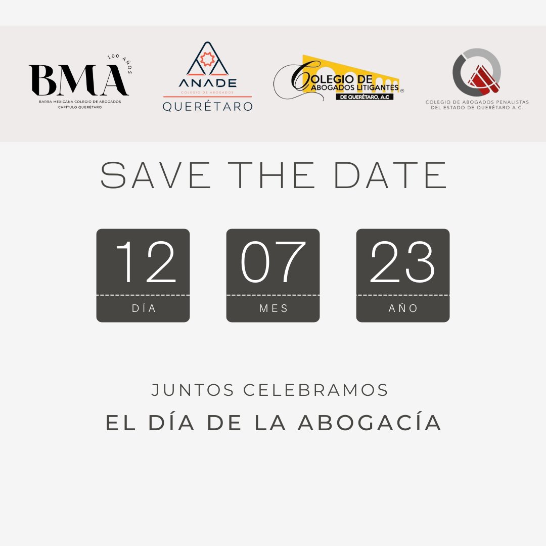 Se viene un gran evento, en el que CALEQ, BMA Qro, CAPEQ y ANADE Qro, celebraremos juntos el día de la abogacía.

Todas y todos, celebramos nuestra profesión.