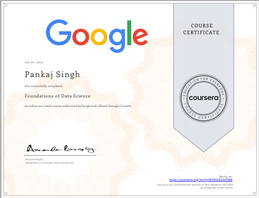 pankaj0743's tweet photo. Glad to share that
I completed Foundations of Data Science! Check out my certificate https://t.co/OxZkZZ1uDv #Coursera
#Google #googleadvancedataanalytics #googledataanalytics #dataanalytics #datascience #dataanlyst #googleai https://t.co/0998r9wBCX